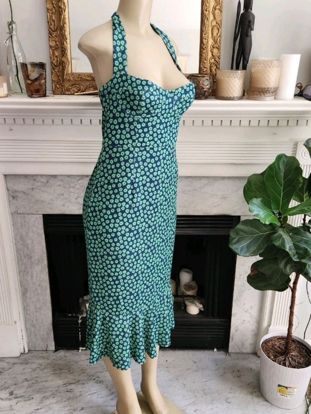 Anthropologie Hutch Blue Floral Dress Sz Medium Green Halter Ruffle Stretch Midi - Picture 3 of 8